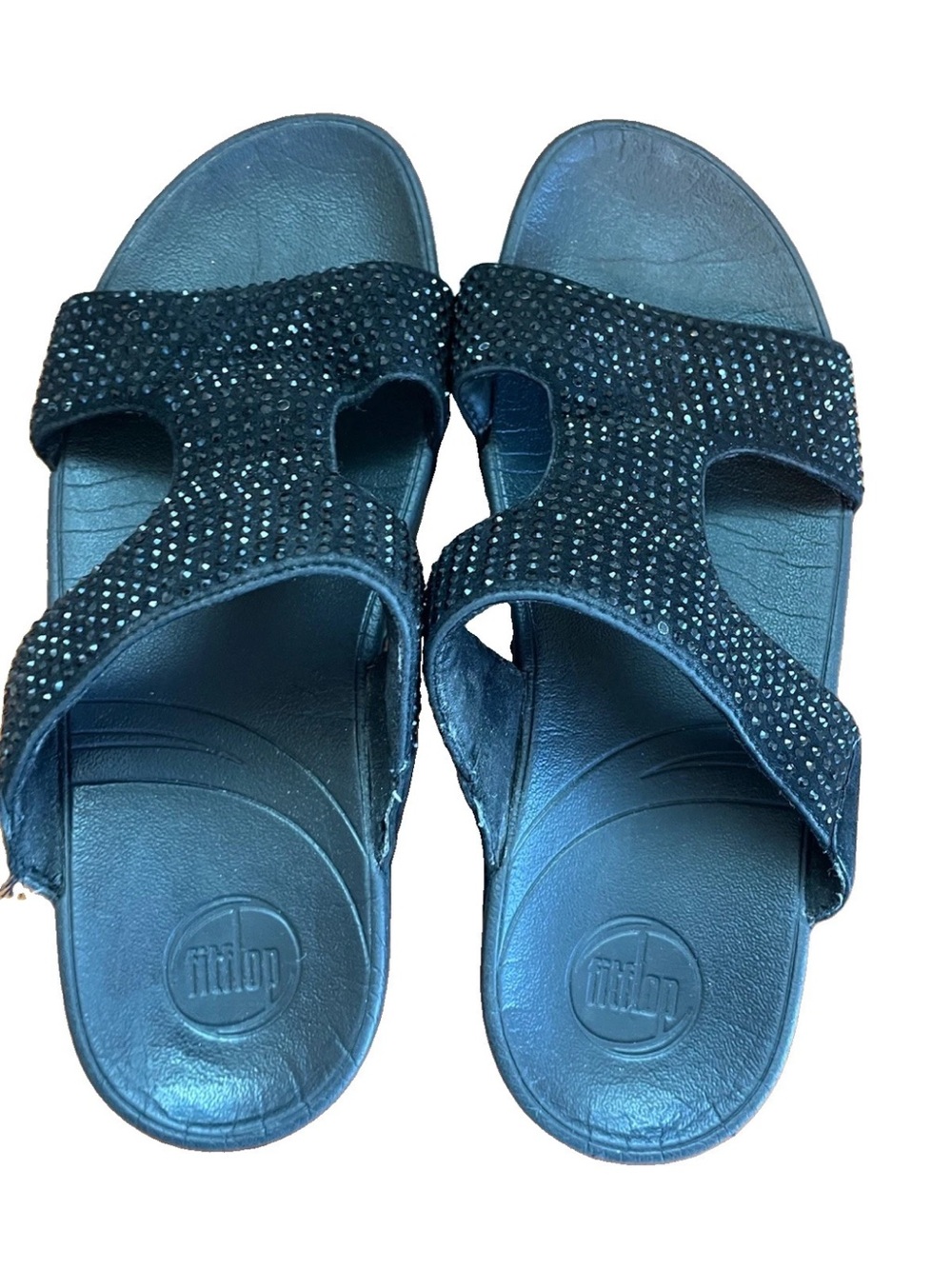 Fitflop Women's Black Sparkle Dual-Strap Slide Sandals Rhinestone Chunky